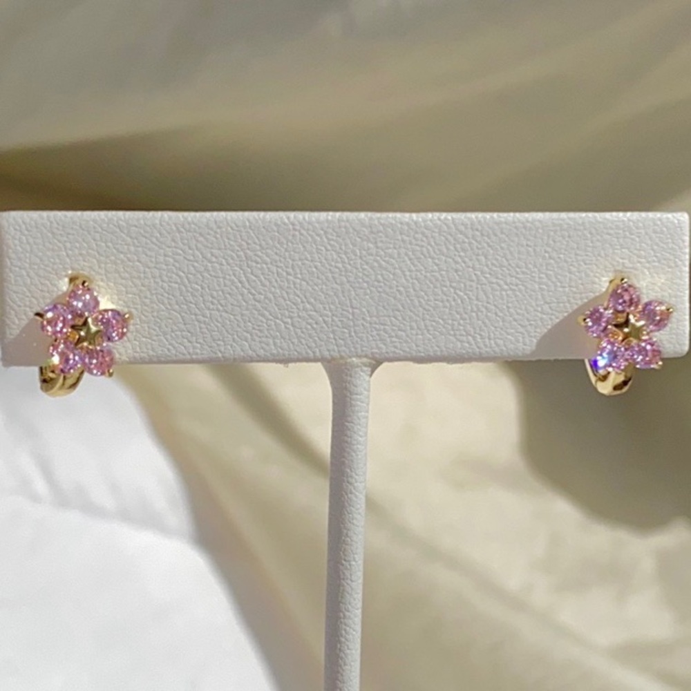 Pink Gold Diamond Flower Huggie - Picture 3 of 4